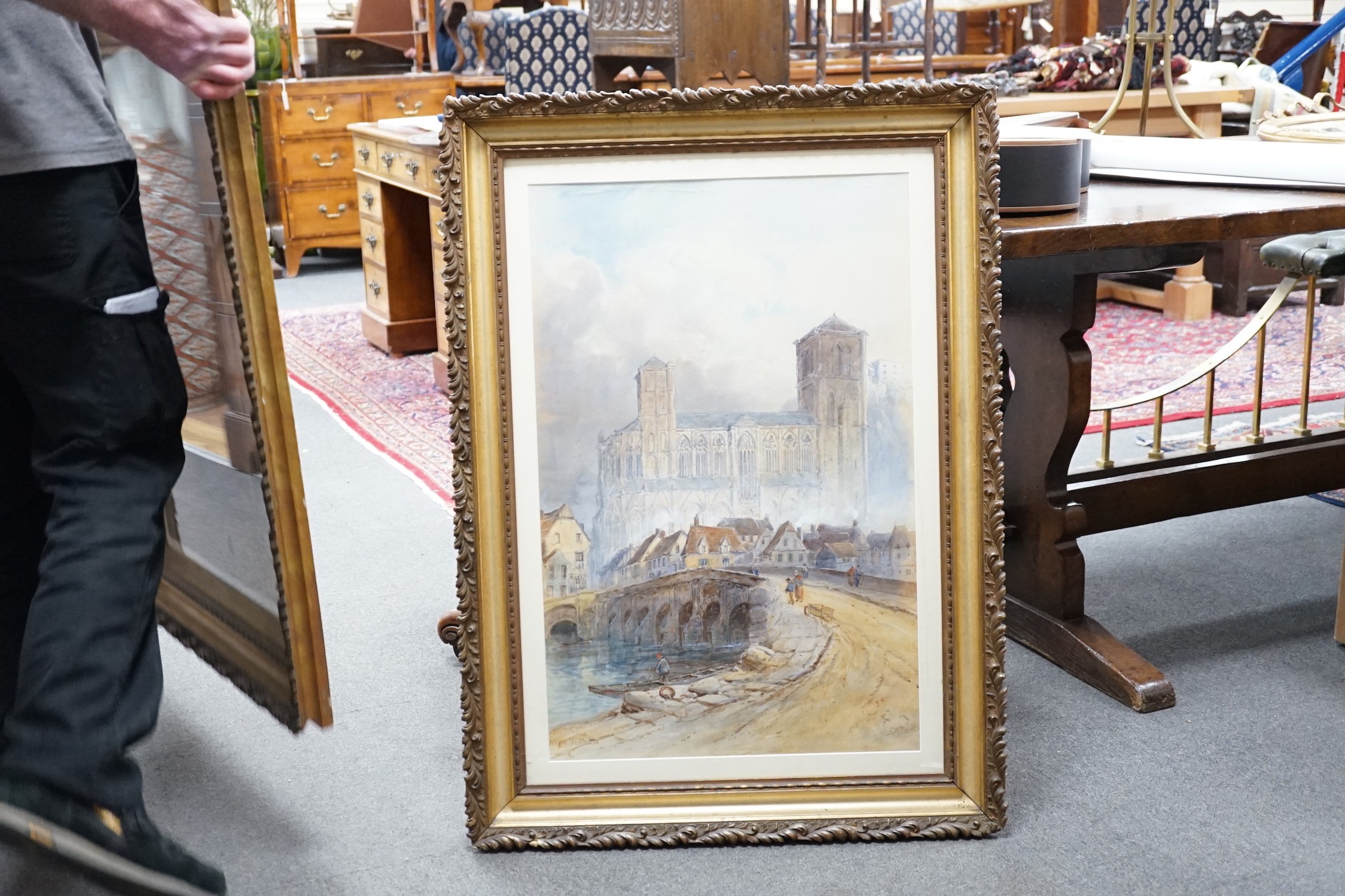 E. W. Nevil, pair of watercolours, 'Frankfort' and 'Huy on The Meuse', signed and titled, 75 x 48cm